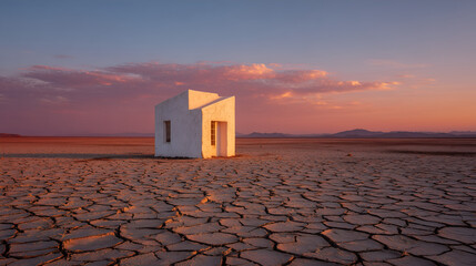 Contemporary off-grid house in desert landscape, autonomous systems, minimalist and sustainable living.