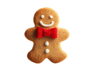 Gingerbread man with red bow tie for festive celebration design on a transparent background, cut out