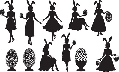 Easter bunny women silhouettes, vintage dress poses, decorated eggs, basket holding, festive celebration, black figures, spring theme, holiday art, whimsical, elegant, seasonal