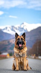German Shepherd sits on a rural road, mountains in background