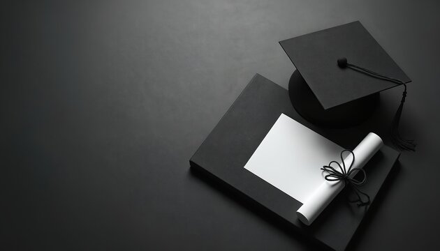 Black graduation cap lies next to diploma on dark background. Rolled white degree certificate tied with black ribbon on black folder. Academic achievement symbolizes education and success. - Powered by Adobe
