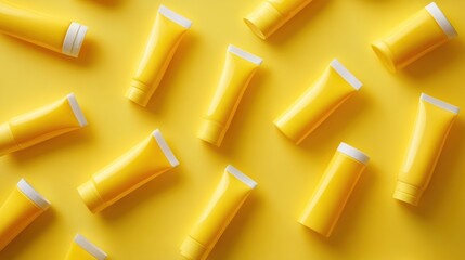 White tubes of sunscreen and Sun shape from white Sun cream on color background,Sunblock lotion bottles,Sun protection on vacation,Top view,Banner vacation summer beach concept,space for text.