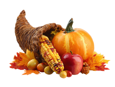 Autumn harvest display with cornucopia and seasonal produce on a transparent background, cut out