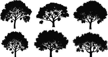 Fruit tree silhouette collection, black tree icons with round fruits, abstract orchard illustration, decorative vector trees, nature design elements, isolated foliage set