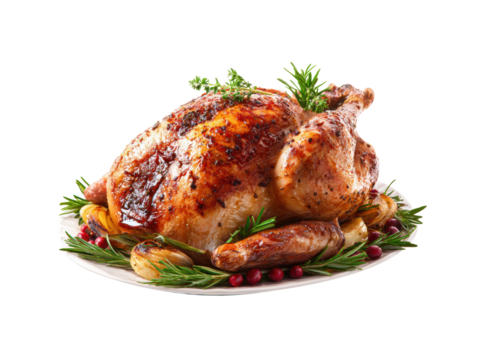 Roast turkey with herbs and garnishes for holiday celebration on a transparent background, cut out - Powered by Adobe