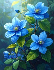 Vibrant, detailed illustration of three bright blue clematis flowers with lush foliage. Sunlight filters through the surrounding greenery