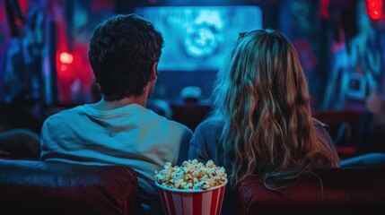 Fototapeta premium Young romantic loving couple on the red chair in Cinema, horror movie in halloween day, scary and scream concept,romantic spending time together,Relaxation movie concept.