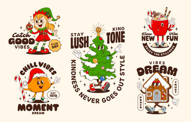 Christmas groovy characters retro stickers and t shirt prints. Vector cartoon funny elf, Xmas tree, gingerbread house, orange and hot drink with candy cane. Festive vector patches with positive quotes