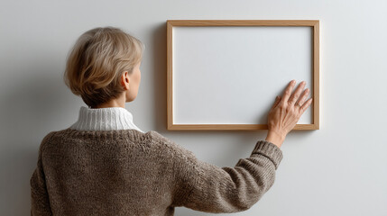 An artwork mockup being hung by a young woman. Rear view of a girl with a large poster frame on the wall, an empty blank frame in a modern apartment.