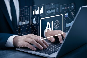 AI web analytics and marketing prediction analysis. Artificial intelligence analyzing customer behavior data. Data scientist using laptop computer to give instructions to AI.
