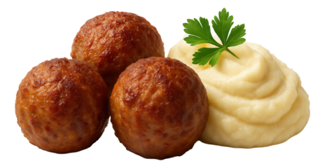 A single large meatball submerged in a vibrant tomato sauce, garnished with fresh basil leaves.