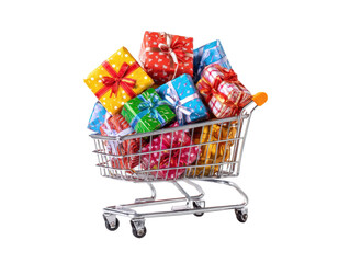 Colorful gift boxes in a shopping cart for celebration season on a transparent background, cut out