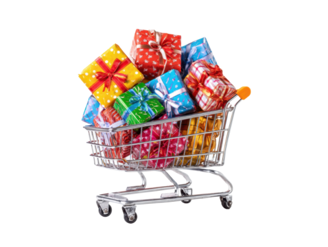 Colorful gift boxes in a shopping cart for celebration season on a transparent background, cut out - Powered by Adobe