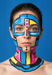 Abstract Face Art Portrait with Geometric Colorful Paint Design on Woman
portrait of a girl with a colorful makeup, Modernist portrait features face with cyan, magenta, yellow, black colors applied. 