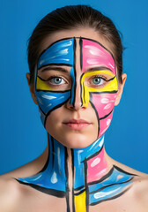 Abstract Face Art Portrait with Geometric Colorful Paint Design on Woman
portrait of a girl with a colorful makeup, Modernist portrait features face with cyan, magenta, yellow, black colors applied. 