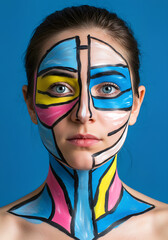 Abstract Face Art Portrait with Geometric Colorful Paint Design on Woman
portrait of a girl with a colorful makeup, Modernist portrait features face with cyan, magenta, yellow, black colors applied. 