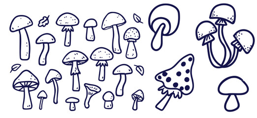 Outline mushrooms doodle big set. Fungi hand drawn sketch of various shapes and sizes isolated on white background