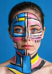 Abstract Face Art Portrait with Geometric Colorful Paint Design on Woman
portrait of a girl with a colorful makeup, Modernist portrait features face with cyan, magenta, yellow, black colors applied. 