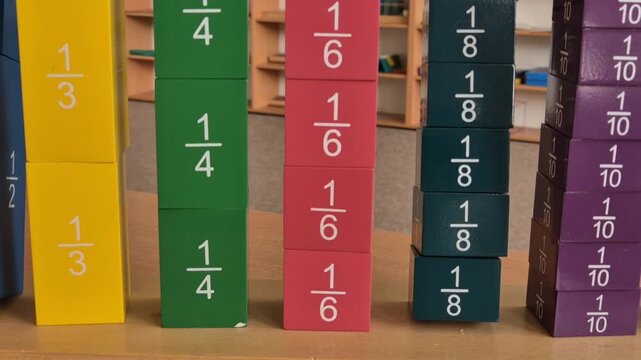 Practical wooden material Fraction Tower according to the Montessori method for alternative learning of mathematics, namely the concept of fractions in preschool and primary schools. 