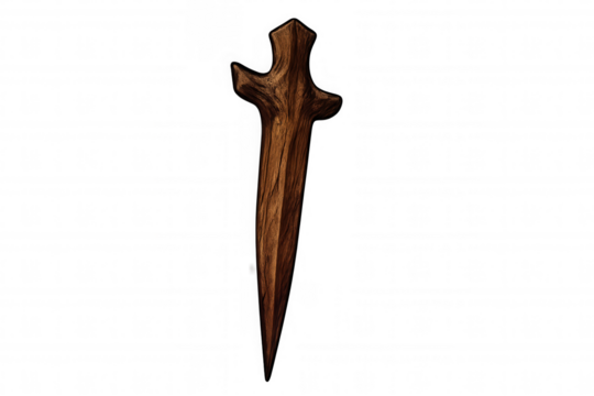 Wooden dagger, crafted for play or costume accessory. Toy weapon with rustic wood texture on a transparent background