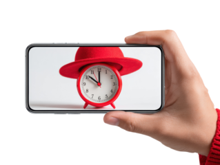 Vintage red clock displayed on smartphone in hand on a transparent background, cut out