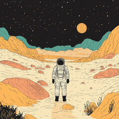 Astronaut in desert canyon under starry night sky