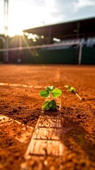 A tiny clover sprout emerges from clay tennis court. Sunlight streams across the court, highlighting the texture of the surface and a  small wooden measuring device