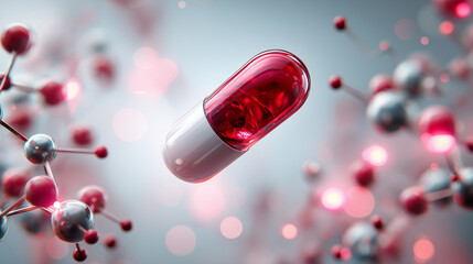 A red and white medical capsule floats centrally, encircled by abstract molecular structures composed of grey and red spheres against a light background, under soft studio light hi