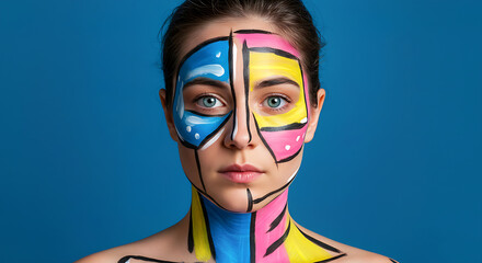 Abstract Face Art Portrait with Geometric Colorful Paint Design on Woman
portrait of a girl with a colorful makeup, Modernist portrait features face with cyan, magenta, yellow, black colors applied. 