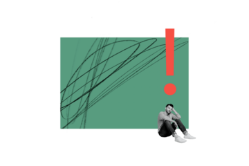 Composite trend artwork 3D sketch image photo collage of miniature young man sad bad mood think idea alert alarm exclamation symbol