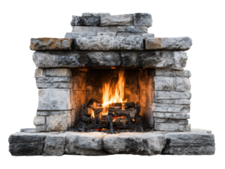 Cozy stone fireplace with warm flames for winter relaxation on a transparent background, cut out