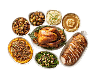 Thanksgiving feast featuring roasted turkey and traditional sides on a transparent background, cut out