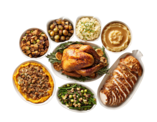 Thanksgiving feast featuring roasted turkey and traditional sides on a transparent background, cut out