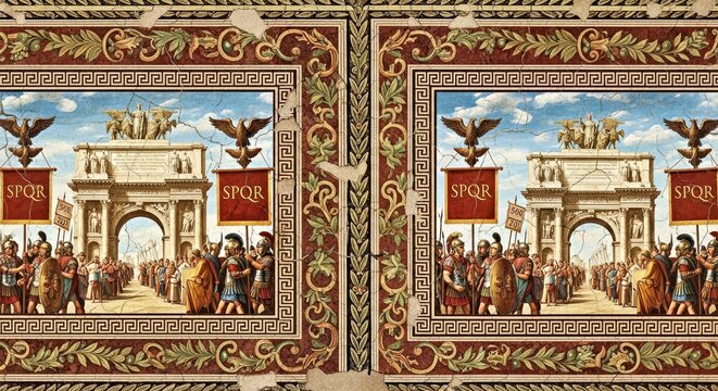 Dynamic and epic seamless fresco style pattern of Roman legionnaires and grand triumphal arches repeating