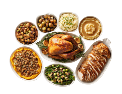 Thanksgiving feast featuring roasted turkey and traditional sides on a transparent background, cut out
