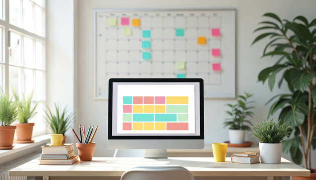 Modern office desk setup with computer displaying colorful planner. Large wall calendar with sticky notes visible in background. Rich green plants add touch of nature, creating organised, productive - Powered by Adobe