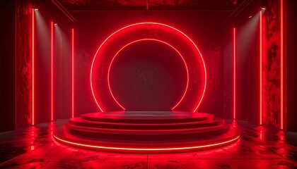 Red-lit stage with circular light and tiered platform