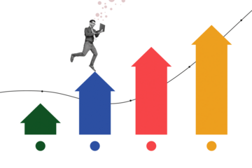 Trend artwork sketch image photo collage of trader business job graphics stats arrow grow young man work laptop remote career promotion
