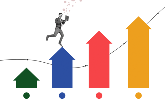 Trend artwork sketch image photo collage of trader business job graphics stats arrow grow young man work laptop remote career promotion