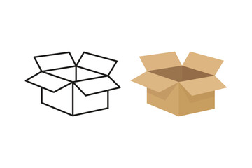 Open Cardboard Box Outline and Flat Design on White Background Vector