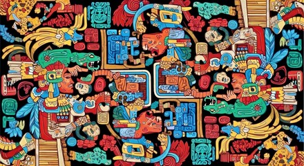 Obraz premium Intricate figurative pattern in a seamless repeating design of dynamic Mesoamerican priests and warriors