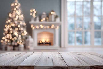 White Tabletop Backdrop with Christmas Fireplace and Bokeh