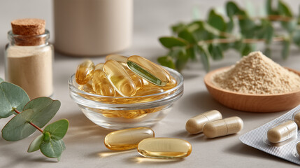 Clean blister pack for vitamin B12 capsules. Small glass bowl holds magnesium powder and leafy greens. Omega-3 fish oil capsules feature golden transparency. Medical aesthetic and design.
