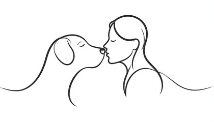 Woman and dog, continuous line drawing, kissing noses