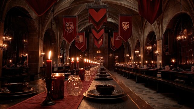 Grand Candlelit Banquet Hall in Castle - Powered by Adobe