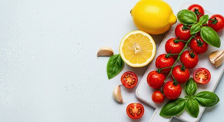 Fresh Cherry Tomatoes Lemon Garlic and Basil Ingredients for Cooking