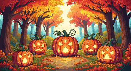 Autumnal Halloween pumpkins gather in forest clearing with vibrant orange leaves. Halloween pumpkins glow amidst fall colors, creating a spooky yet cheerful atmosphere for trick or treat.