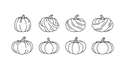 Set of eight hand-drawn outline pumpkins for autumn and halloween decorations and designs vector
