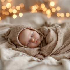 a baby sleeping in a cozy beige blanket near soft golden christmas lights