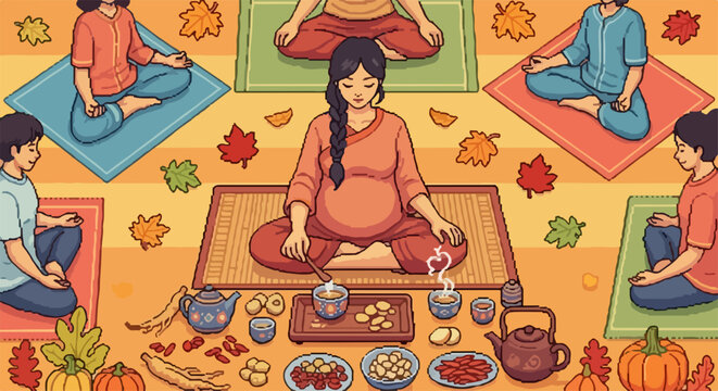 Group prenatal yoga session with healthy food and drinks. Group prenatal yoga class includes pregnant women meditating in padmasana on yoga mats, enjoying calm practice.